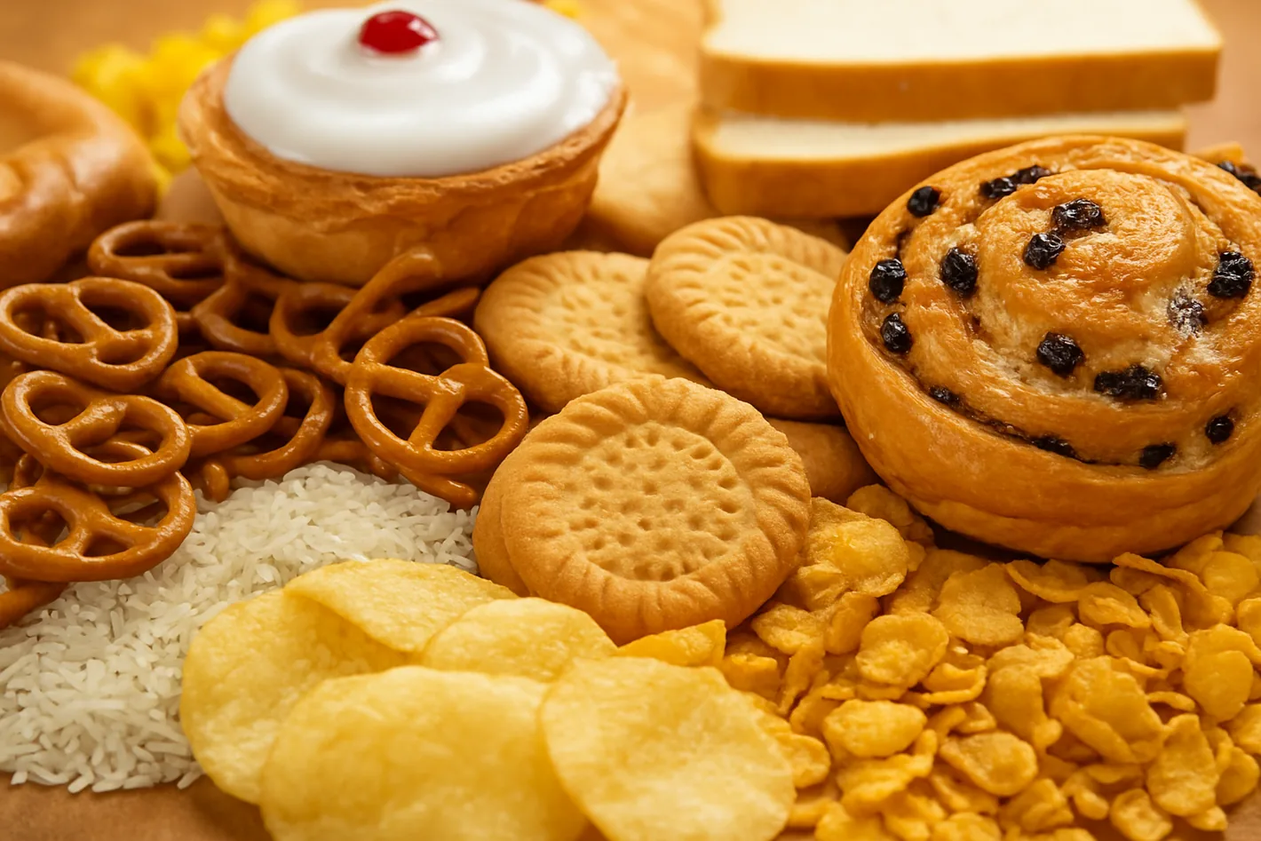 An assortment of food ingredients and finished products
